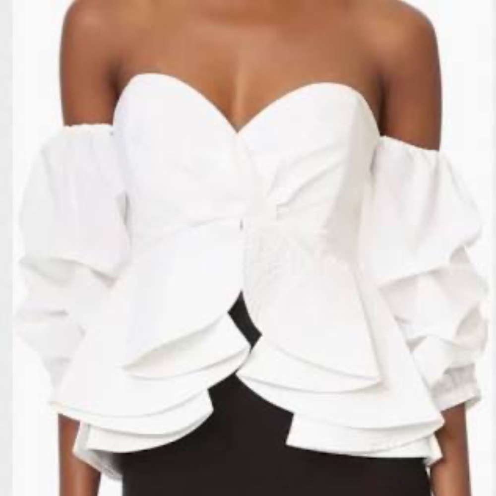 Luxe by Stylekeepers White Off Shoulder Top with Puff Sleeves & Layers at Waist